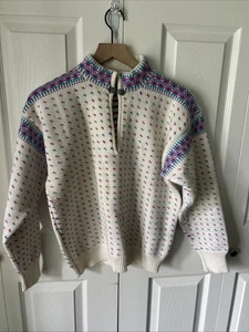 Vintage Damen Stowe Woolens Gr. L Fair Isle Wollpullover Hütte weiß rosa - Bild 1 von 8