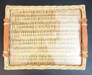 Auth HERMES Paris Small Oseraie Wicker Tray Leather Handles Glass Insert Unused - Picture 1 of 13