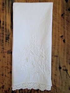 Vintage Leinen Handtuch weiß bestickt Rose Häkelkante weiß 13"x20" - Bild 1 von 8