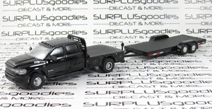 Greenlight Black 2023 DODGE RAM 3500 Flatbed Dually Pickup w/Open Car Trailer - Picture 1 of 10