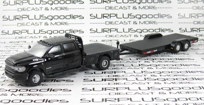 Greenlight Black 2023 DODGE RAM 3500 Flatbed Dually Pickup w/Open Car Trailer - Image 1 of 4