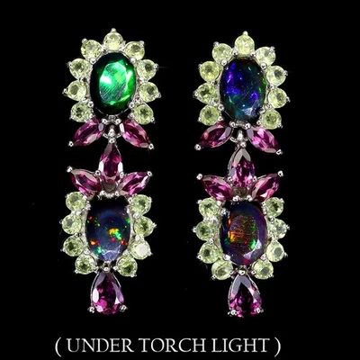 925 Sterling Silver Earrings Oval Black Opal Peridot Natural Gemstone Jewelry - Image 1 of 4