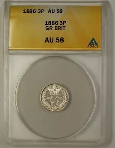 1886 Great Britain Three Pence 3P Silver Coin ANACS AU-58 - Picture 1 of 2