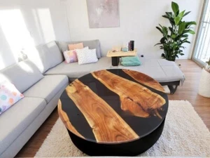 30" Black Round Epoxy Wood Coffee Table Top Hotel Furniture For Balcony Desk Dec - Picture 1 of 10