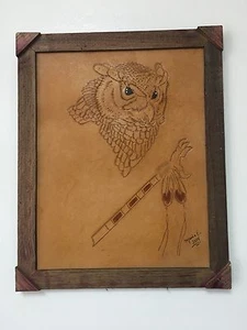 HAND TOOLED LEATHER,EAGLE,FEATHER,FRAMED 12"X16",HAND CRAFTED DECOR, VASES - Picture 1 of 3