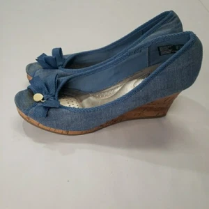 Dex Flex Comfort Blue Denim Fabric Cork Wedge Heel Women's Size 6 - Picture 1 of 15