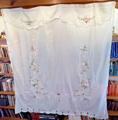 Shower curtain floral ribbon embroidery in beautiful design on white, some stain - Image 1 of 4