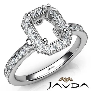 Emerald Semi Mount Halo Diamond Engagement Milgrain Ring 14k White Gold 0.5Ctw - Picture 1 of 7