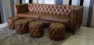 Chesterfield Hocker Stoff Design Couch Echtleder Modern Cognac 40x40 cm Neu - Bild 1 von 4