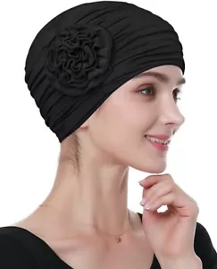 Alnorm Flower Design Chemo Hair Loss Caps Cancer Headwear for One Size, Black - Picture 1 of 5