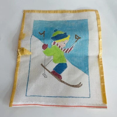 Hand Painted Needlepoint Pattern Canvas Boy Skiing Ski Scarf Blue Sky - Image 1 of 4