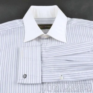 NEW - OXXFORD CLOTHES White Gray Striped Cotton French Cuff Dress Shirt - 16 - Picture 1 of 7