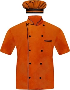 Men Chef Jacket Half Sleeves, 10 attractive Colors With Black Piping, Free Cap - Picture 1 of 44