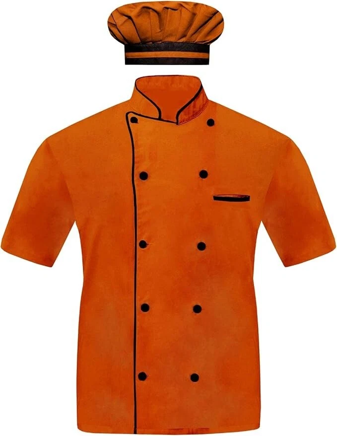 Men Chef Jacket Half Sleeves, 10 attractive Colors With Black Piping, Free Cap - Image 1 of 4
