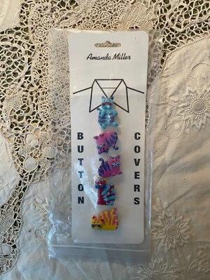 "Cat Lovers" Amanda Miller "Colorful Cat Shirt Button Covers " 5 New On Card USA - Image 1 of 4