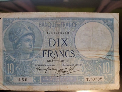 1939 France 10 francs Minerva Type 1915 Modified Bill - Image 1 of 2