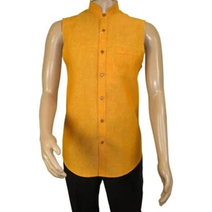 Mens INSERCH linen Shirt Banded Chinese Collar Sleeves-Less SS719 Sunburst - Picture 1 of 20