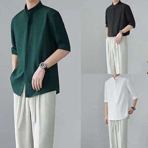 Camisas informales con cuello alto estilo chino calce limpio simple color liso para hombres - Imagen 1 de 46