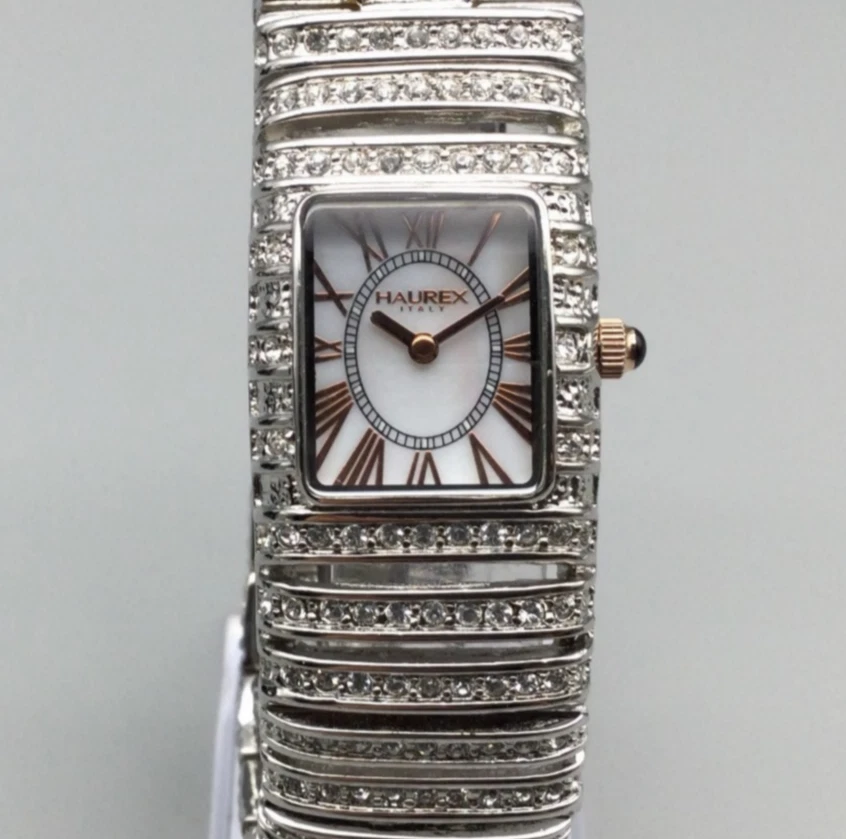Haurex Italy Watch Women 24mm Crystals Silver Tone Bling MOP New Battery 7.5" - Image 1 of 4