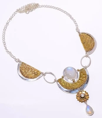 Collar Hecho a Mano Arco Iris Piedra Lunar 925 Plata de Ley Dos Tonos 17.99" A380 Foto 1 de 4