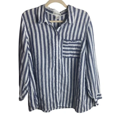 Blusa Top Náutica Coldwater Creek Talla Grande 1x Lino Puro Rayas Botones Foto 1 de 4