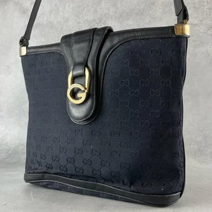 GUCCI Black Canvas One Shoulder Bag with GG Leather and Metal Accents - Picture 1 of 10