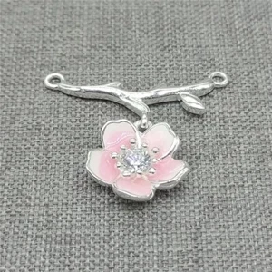 Sterling Silver Cherry Blossom Charm w/ CZ 925 Silver Flower Connector Enameled - Picture 1 of 5