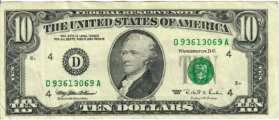 1995 10$ FRN - Small portrait w/ security thread - MEW/RER D93613069A - #15239 - Image 1 of 2