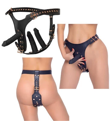 Imbracatura slip con dildo realistico triplo vaginale anale indossabile fallo - Immagine 1 di 4