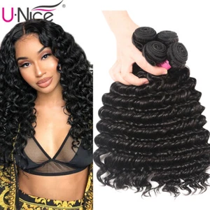 UNice Malaysian Deep Curly Wave 4 Bundles Human Hair Extension Virgin Hair Weave - Picture 1 of 12
