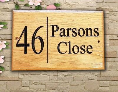 Personalised Oak House Number  Name Sign Carved  Outdoor Wooden Plaque 200x400mm - Image 1 of 4