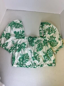 American Eagle Lonstera Leaf Green White Cropped Blouse Puff Sleeve Size XL - Picture 1 of 14