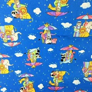 Noah Rain Animals on Blue Fabric Vintage OOP FQ 18" x 22" 1997 Fabric Traditions - Picture 1 of 7