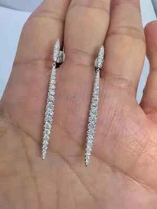 Real Moissanite 2CT Round Cut Dangle Earrings 14K White Gold Plated Silver - Picture 1 of 7