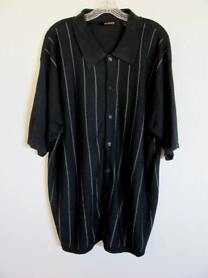 Bachrach S/S Button Down Knit Shirt-Black w Beige Stripes-Silk/Cotton -Men's 2XL - Image 1 of 4