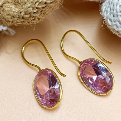 1 par de pendientes enchapados en oro de vidrio topacio facetado rosa enchapados en plata de ley 925 Foto 1 de 3