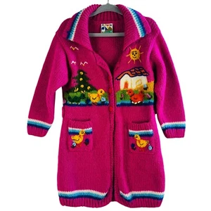 Tukuna Alpaca Wool Cardigan Sweater Embroidered Animals Pink Girls Size 4 - Picture 1 of 10