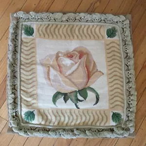 VTG Petit Point Needlepoint Pillow Case Tan Brown Pink Flower Rose Tassel Square - Picture 1 of 7