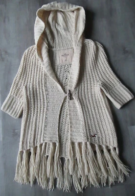VINTAGE HOLLISTER BEIGE WOOL FRINGED HOODIE CARDIGAN SWEATER SIZE M/L BOHO - Image 1 of 4