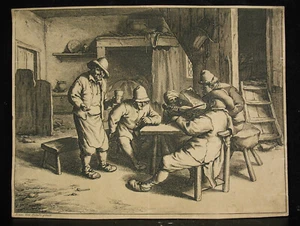 Gravure XVIIe Adriaen VAN OSTADE (1610-1685) musicien autour d'une table - Imagen 1 de 2