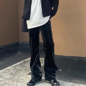 Men Faux Leather PU Pants Loose Straight Leg Shiny Wet Look Trousers Club Dance - Picture 1 of 8