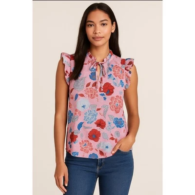 Top BB Dakota by Steve Madden Floral Volantes Sin Mangas M Rosa Azul Algodón Nuevo con Etiquetas Foto 1 de 4