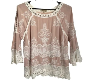 Democracy Damen bestickt Spitze Schlitz Glockenärmel Tunika Top Gr. Medium hellrosa - Bild 1 von 7