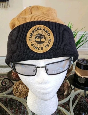 全新! TIMBERLAND 徽标布贴 TAN Mustard /BLACK BEANIE Cuffed 帽子 SK8 帽子 全新带标签 罕见 — 第 1/4 张图片