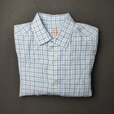 J.McLaughlin Shirt Mens Medium Blue White Gingham Linen Button Down Casual - Image 1 of 4