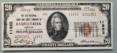 1929 Twenty Dollar Bill $20 National Currency Note Battle Creek Michigan #96253 - Image 1 of 2