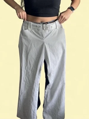 TRACY EVANS size 3 wide leg dress pants grey and white striped low rise w/ belt - Image 1 of 4