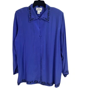 Silk Boutique Blouse 2 Button Open Front Purple Embroidered QVC Large New - Picture 1 of 11