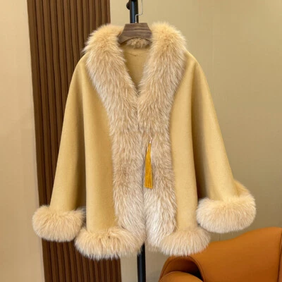 Wool Double-sided Fox Fur Collar Shawl Women Chinese Style Short Coat Fur Cape - Image 1 of 4
