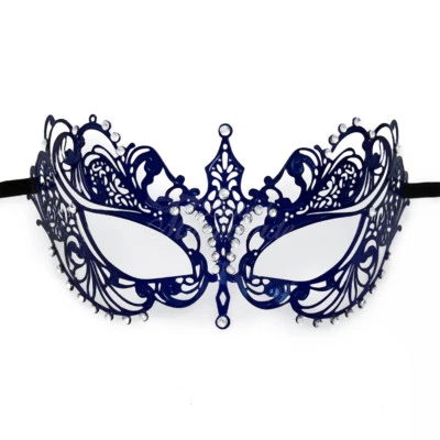 Dark Blue Light Metal Filigree Mardi Gras Venetian Masquerade Mask for Women - Image 1 of 4